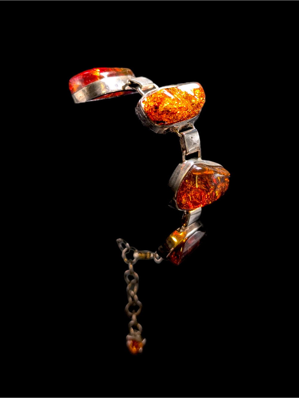 Vintage Chunky Modernist Genuine Baltic Honey Amber Sterling Silver Bracelet